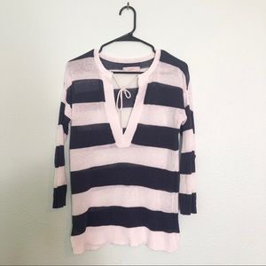 LOFT striped tie neck linen cotton tunic